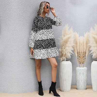 Long Sleeve Patchwork Polka Dot Dress