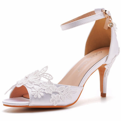 Lace Flower White Open Toe Ankle Strap High Heel Pumps