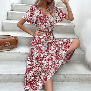 Patterned Floral Print Short Sleeve V-Neck Midi Dress