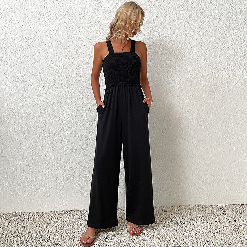 Solid Colour Loose Shirred Wide Leg Jumpsuit