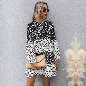 Long Sleeve Patchwork Polka Dot Dress