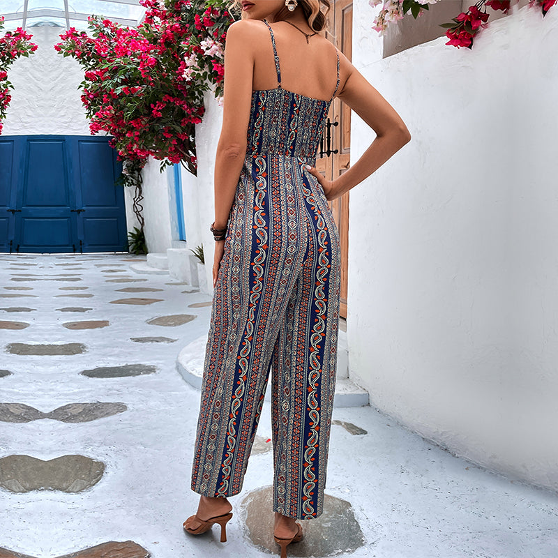 Vintage Bohemian Patterned Print Long Pant Jumpsuit