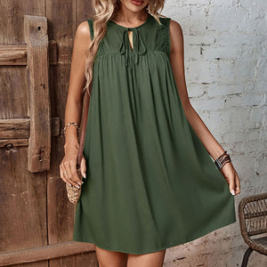 Ladies Sleeveless Casual V Neck Loose Mini Green Dress