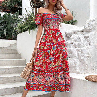 Off The Shoulder Shirred Maxi Floral Bohemian Dress