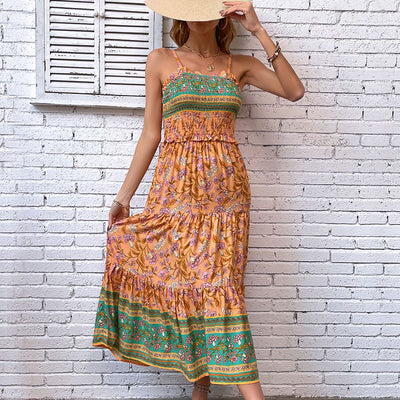 Shirred Spaghetti Strap Bohemian Maxi Dress