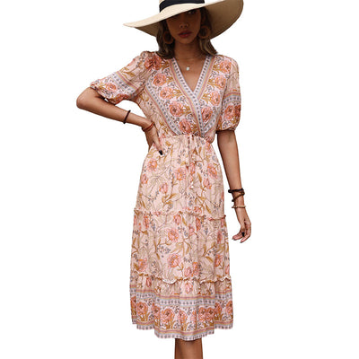 Neck Ruffle Floral Summer Boho Dress