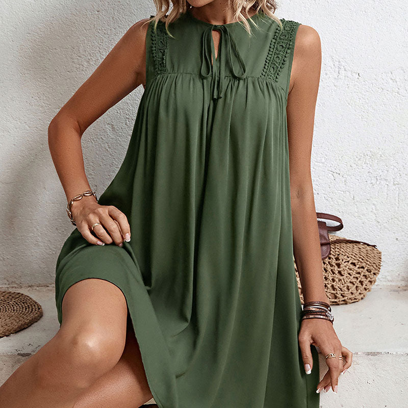 Ladies Sleeveless Casual V Neck Loose Mini Green Dress