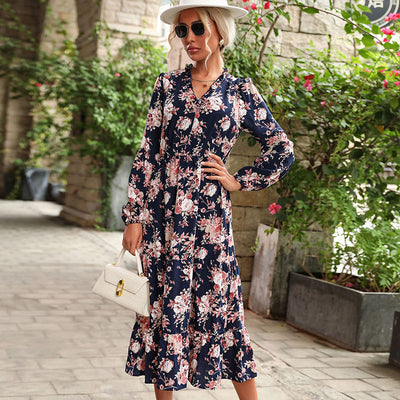 Neck Maxi Boho Floral Printed Dress