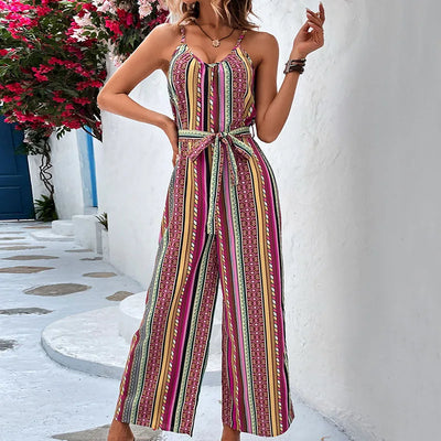 Spaghetti Straps Loose Boho Vintage Pattern Print Wide Leg Jumpsuit