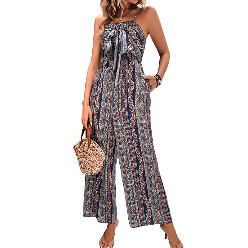 Vintage Bohemian Patterned Print Long Pant Jumpsuit