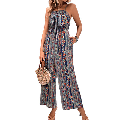 Vintage Bohemian Patterned Print Long Pant Jumpsuit