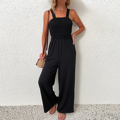 Solid Colour Loose Shirred Wide Leg Jumpsuit