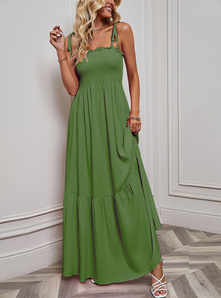 Ladies Spaghetti Strap Solid Colour Ruffle Maxi Dress