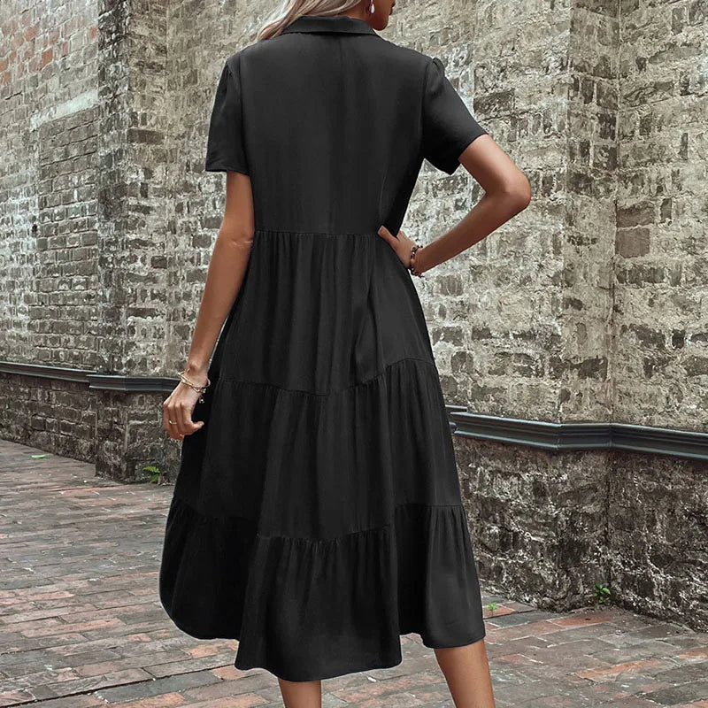 Casual V Neck Short Sleeve Black Midi Summer Dress