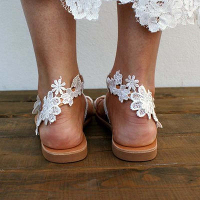 Ladies Bohemian Flower White Lace Flat Sandals