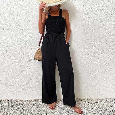 Solid Colour Loose Shirred Wide Leg Jumpsuit