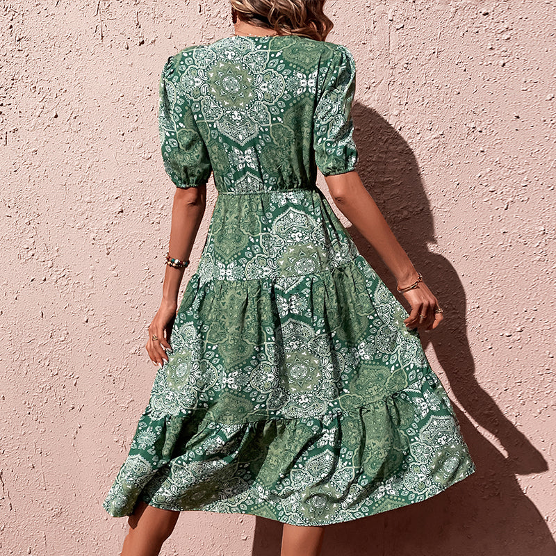 Bohemian Floral Print V-Neck Short Sleeve Ruffle Dress