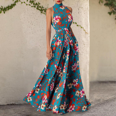 Ladies Elegant Halter Neck Sleeveless Maxi Floral Dress