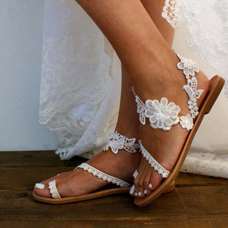 Ladies Bohemian Flower White Lace Flat Sandals