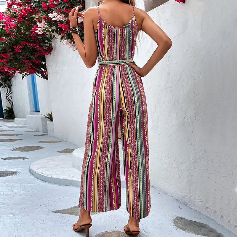 Spaghetti Straps Loose Boho Vintage Pattern Print Wide Leg Jumpsuit