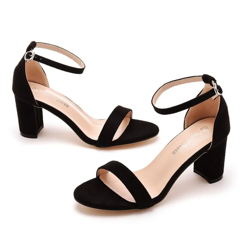 Suede Block Heeled Ankle Strap Solid Colour Pumps