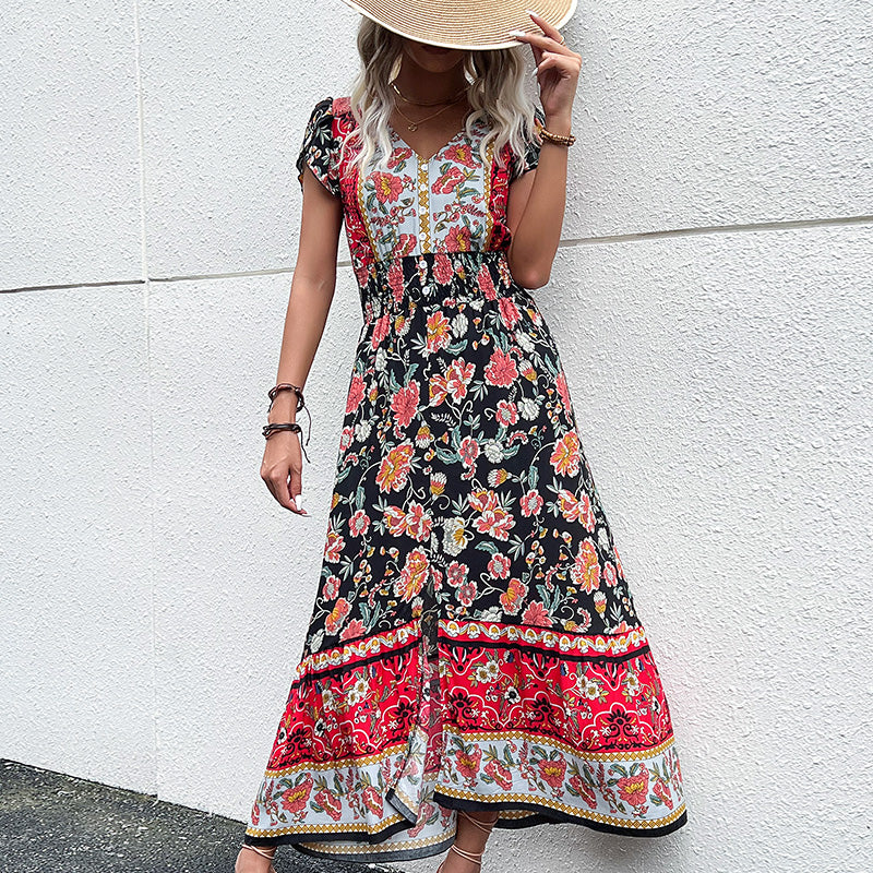 Bohemian Floral Printed Ruffle Hem Summer Beach Dress