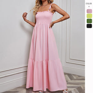 Ladies Spaghetti Strap Solid Colour Ruffle Maxi Dress