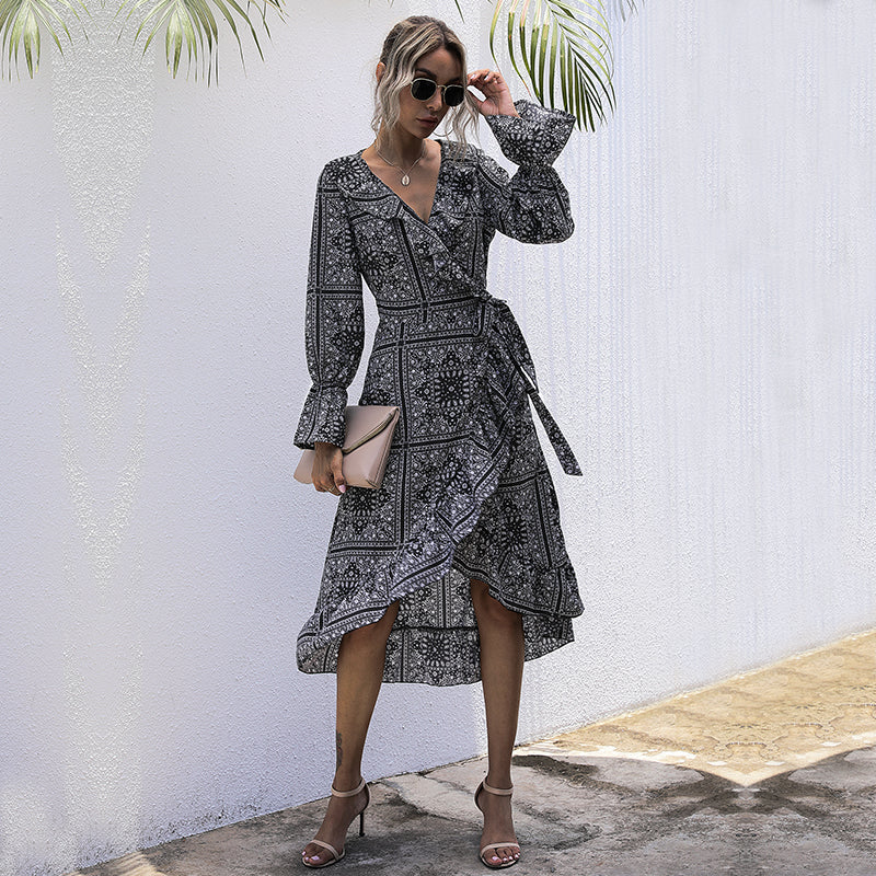 Elegant Vintage Floral Print Midi Shirt Wrap Party DressDress