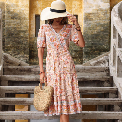 Neck Ruffle Floral Summer Boho Dress