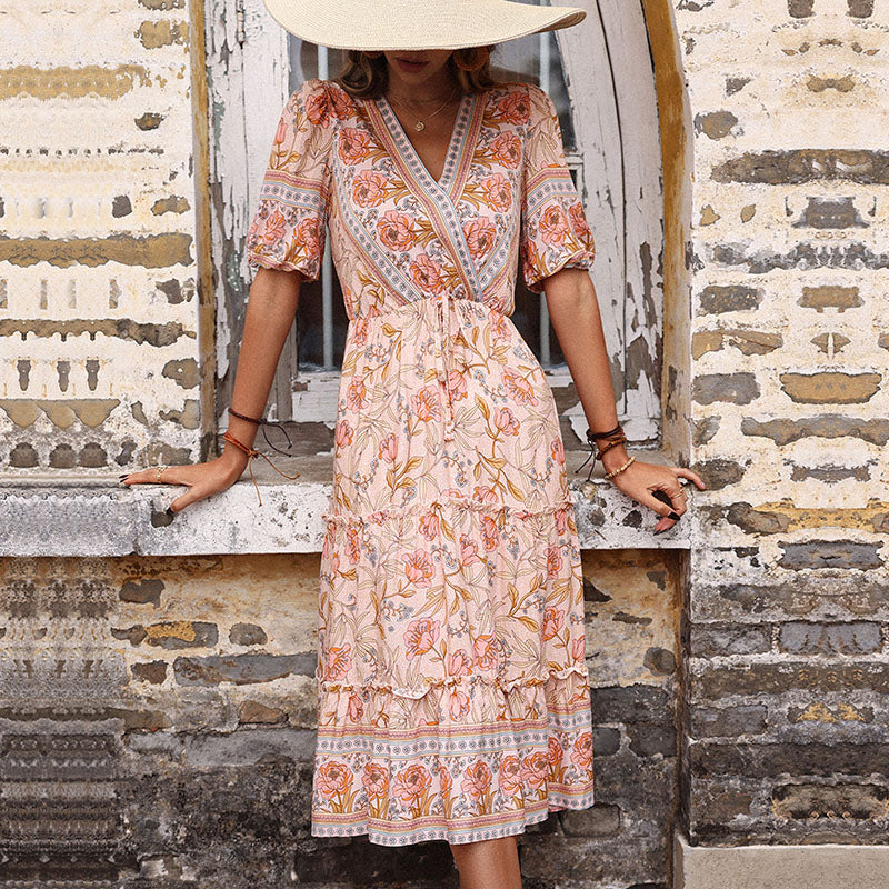 Neck Ruffle Floral Summer Boho Dress