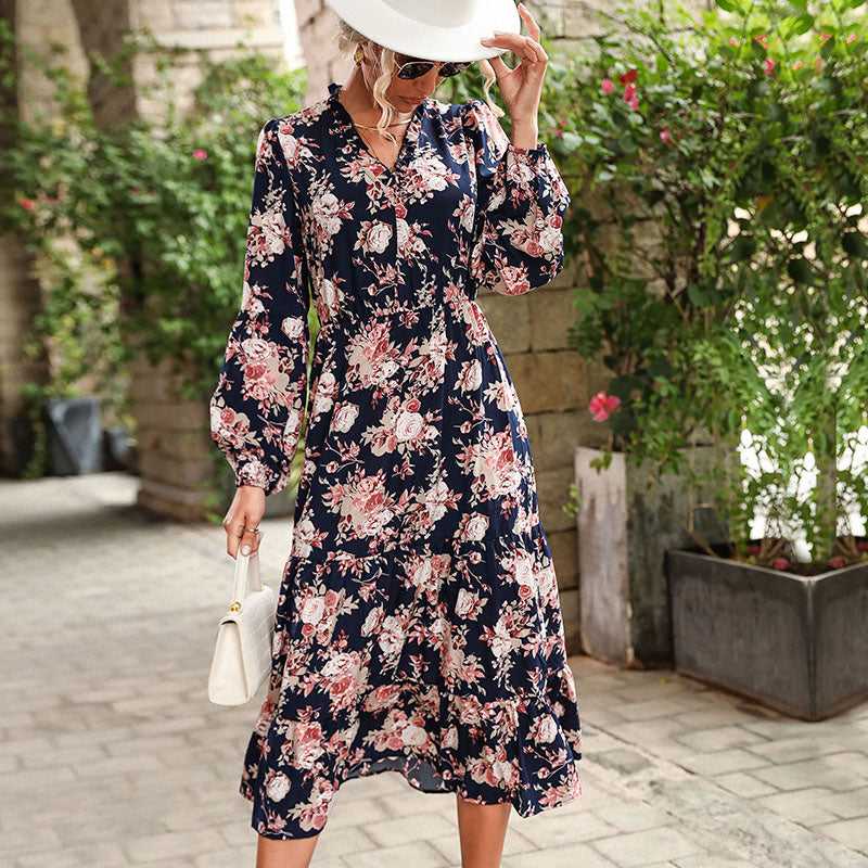 Neck Maxi Boho Floral Printed Dress