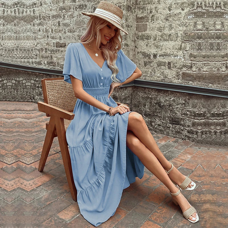 Short Sleeve V-Neck Ruffle Summer Casual Midi Dress