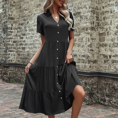 Casual V Neck Short Sleeve Black Midi Summer Dress