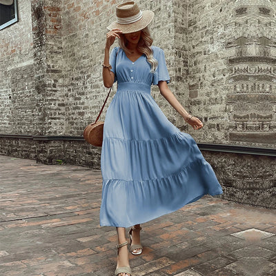 Short Sleeve V-Neck Summer Casual Midi Dress