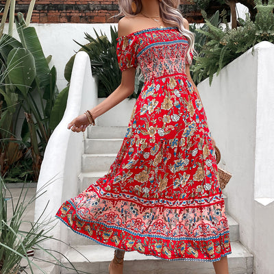 Off The Shoulder Shirred Maxi Floral Bohemian Dress