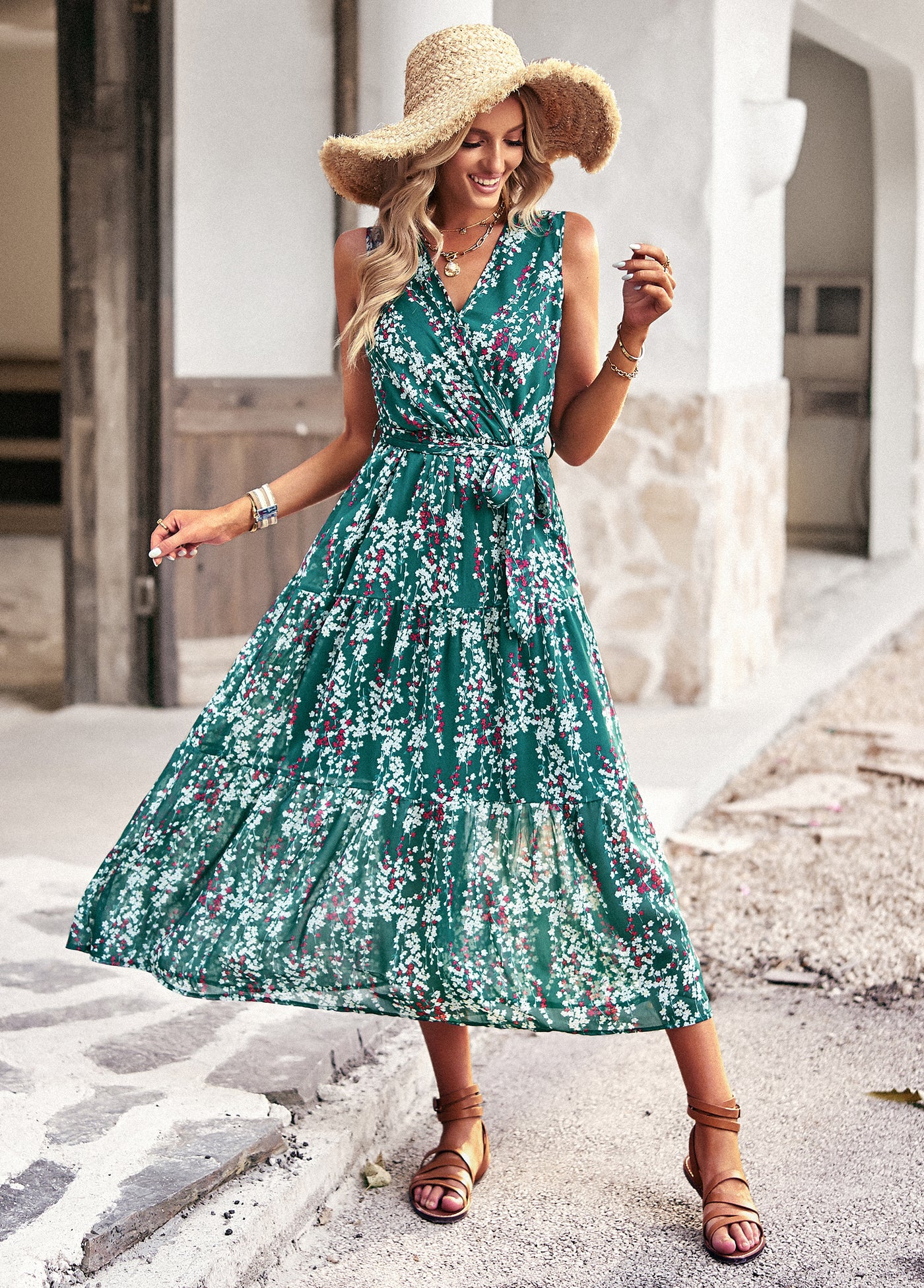 Floral Print Sleeveless Wrap Midi Summer Beach Dress