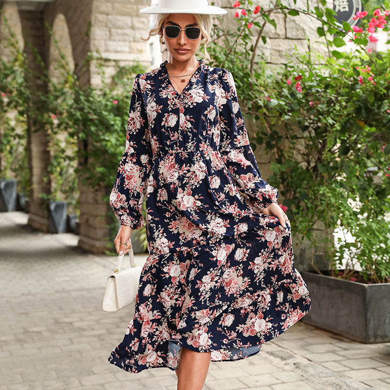 Neck Maxi Boho Floral Printed Dress