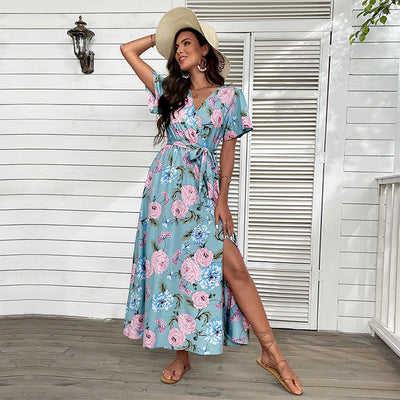 V-Neck Short Sleeve Floral Maxi Tie Waist Wrap Dress