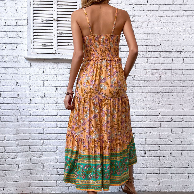 Shirred Spaghetti Strap Bohemian Maxi Dress