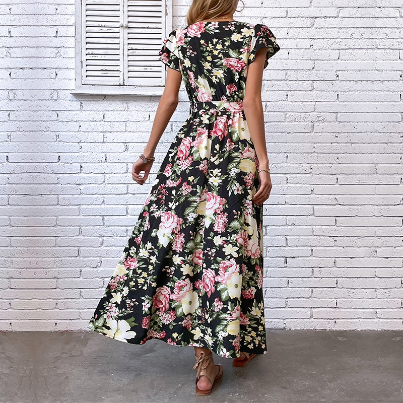 Vintage Bohemian Floral Summer Tie Waist Maxi Dress