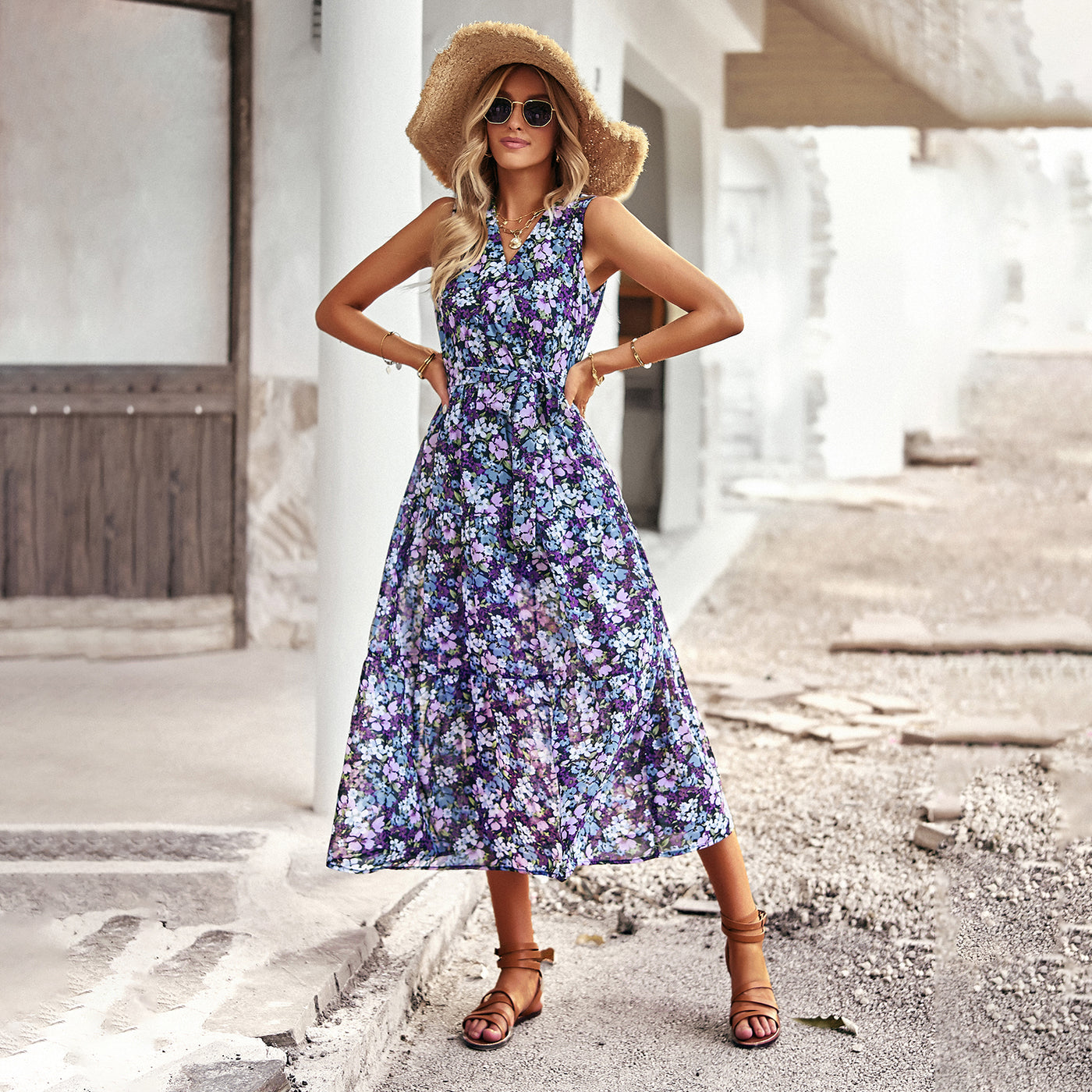 Floral Print Sleeveless Wrap Midi Summer Beach Dress