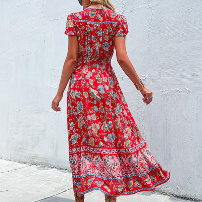 Bohemian Floral Printed Ruffle Hem Summer Beach Dress