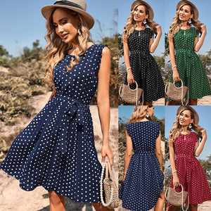 Elegant Sleeveless Pleated Casual Polka Dot Dress