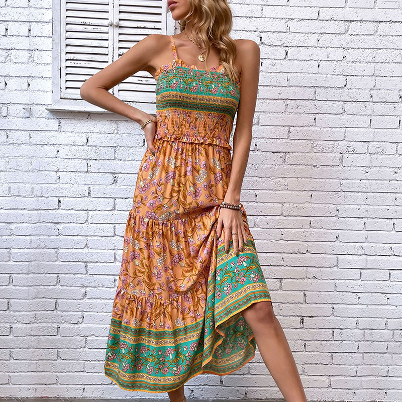 Shirred Spaghetti Strap Bohemian Maxi Dress